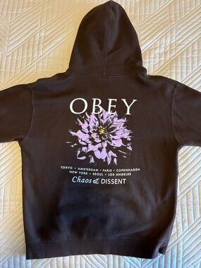 Obey Black Hoodie with Lavender Floral Back Graphic